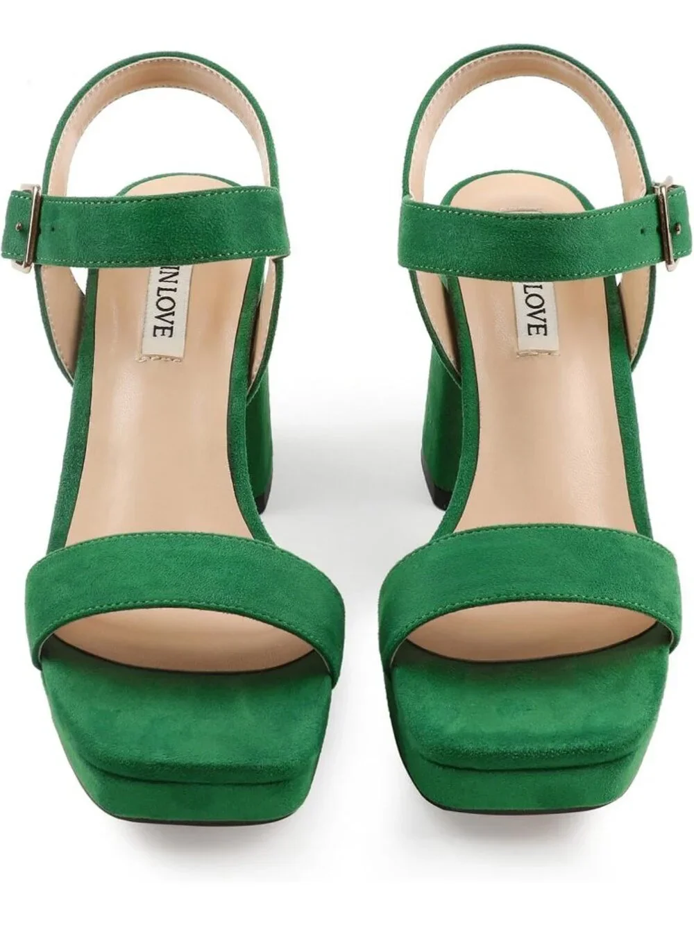 Women's Green Square Open Toe Adjustable Ankle Strap Chunky Block Heel Sandals